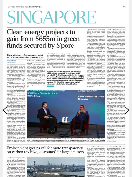 Role: Photographer Overview: Original photography of Mr. Ravi Menon featured in national broadsheets for the $655M green funds announcement (reposted via @britchamsg)